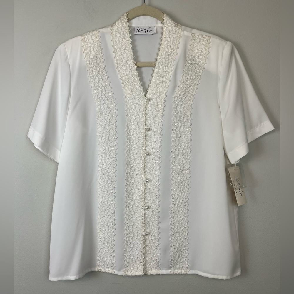 NWT Kathy Che Lace Trim White Short Sleeves Front Pearl Buttons Vtg Blouse 10
